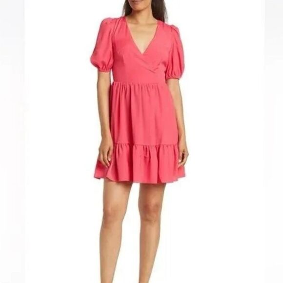 Eliza J Women 10 Hot Pink Surplice Neck Puff Sleeve Fit Flare Mini Dress Pockets - Picture 2 of 13
